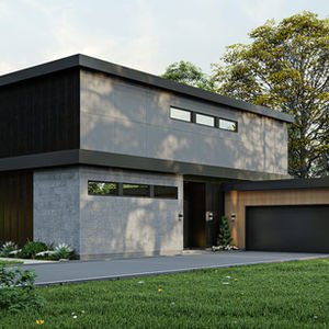 Façade de maison contemporaine à toit plat avec volumes cubiques et garage