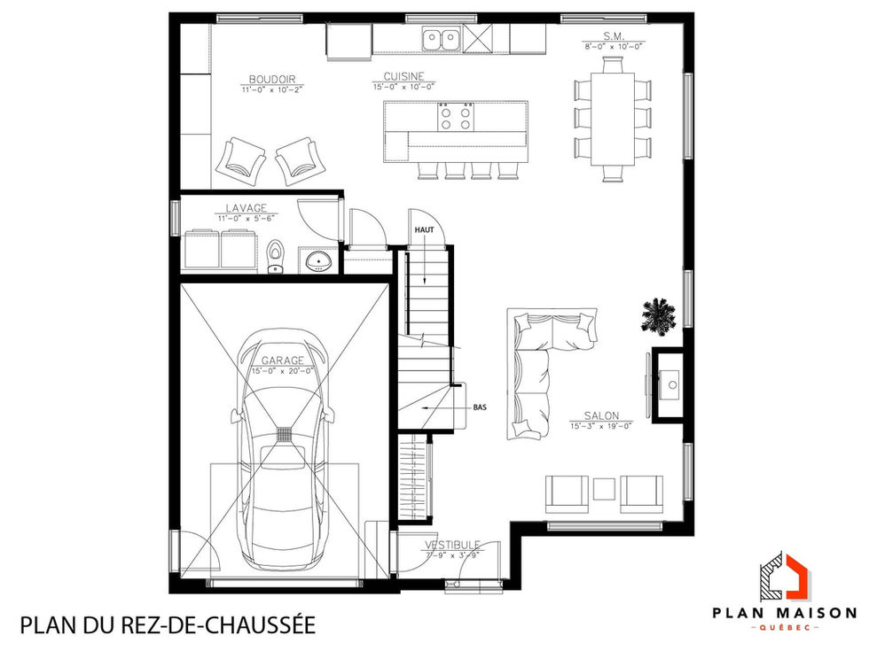 Plan du rez-de-chaussée d’une maison contemporaine scandinave avec garage simple