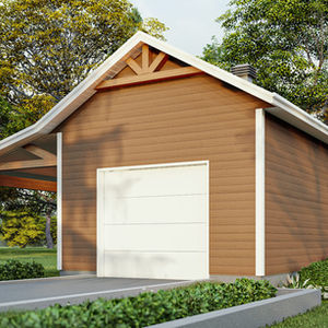 Façade garage simple détaché avec rangement et terrasse couverte
