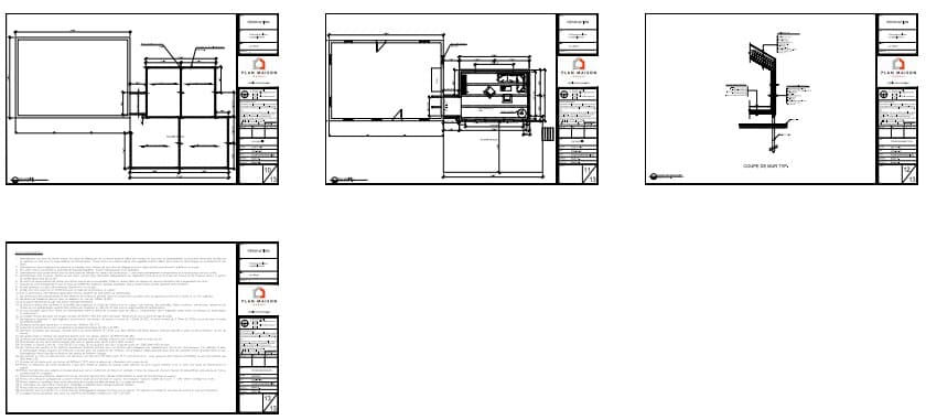 Plans techniques d'une extension contemporaine de salle familiale sur une résidence existante.