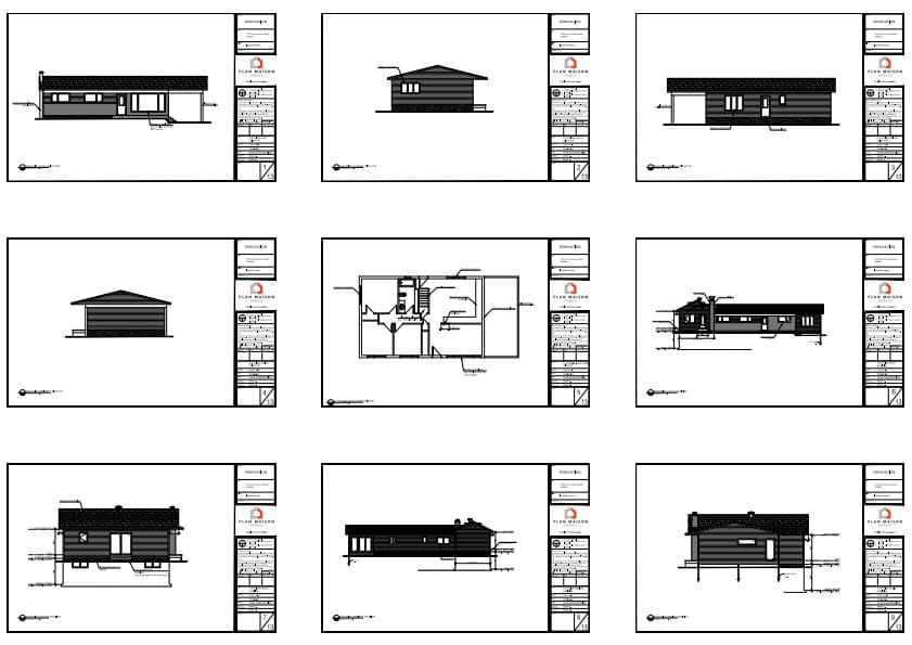 Plans architecturaux d'une extension résidentielle avec logement familial intégré comprenant les élévations, les plans d'étage et les détails de construction.