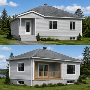 Façade avant d'une maison neuve avec sous-sol non fini conçue à partir d'un plan résidentiel personnalisé.