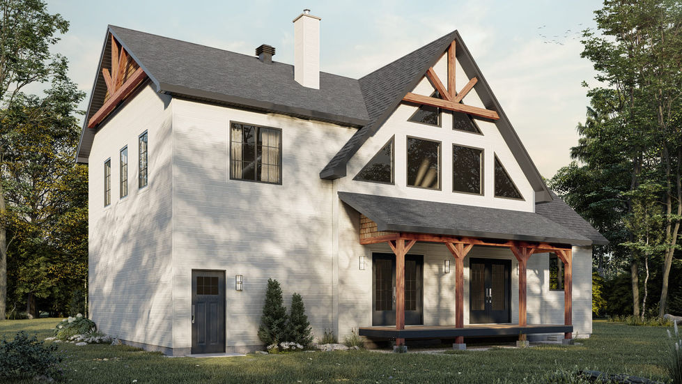 Perspective arrière d’une maison farmhouse contemporaine avec grandes fenêtres