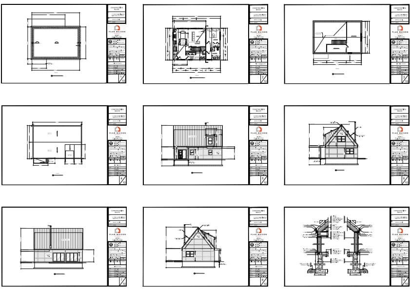 Plans techniques complets d'un chalet farmhouse avec mezzanine et toit en acier.