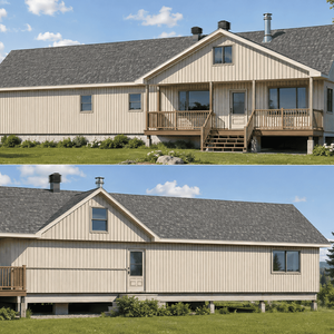 Rénovation de terrasse existante sur une maison avec revêtement vertical et toiture à versants