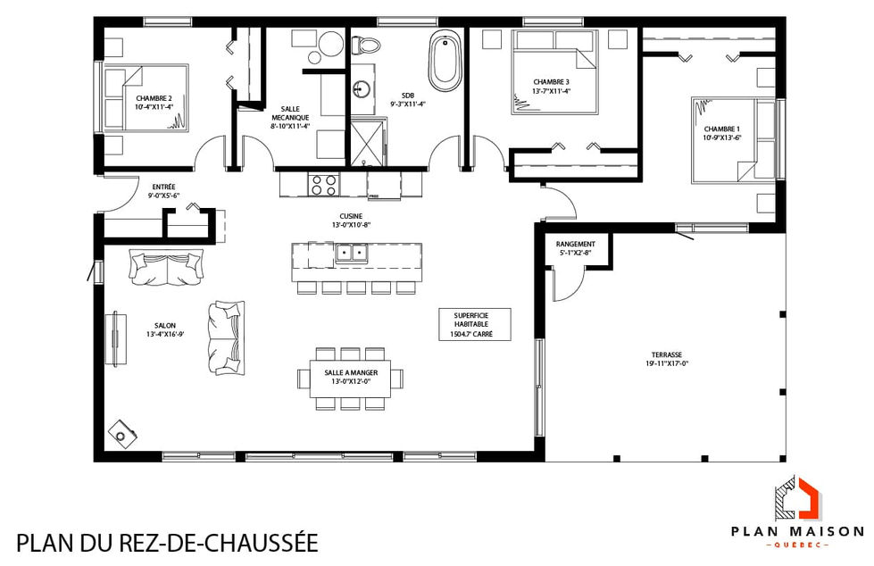 Plan de maison contemporaine plain-pied avec 3 chambres et terrasse couverte intégrée.