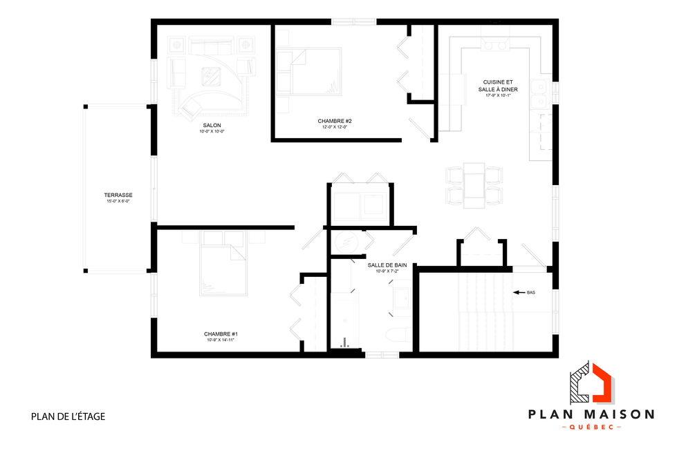 Plan de l'étage d'un duplex contemporain comprenant deux chambres et une terrasse extérieure.