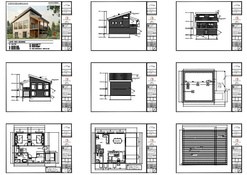 Plans techniques complets d’un chalet contemporain moderne à toit monopente conçu au Québec
