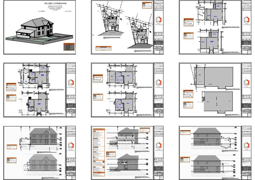 Plans de construction d'un carport résidentiel sur mesure intégrant les élévations et les détails techniques.