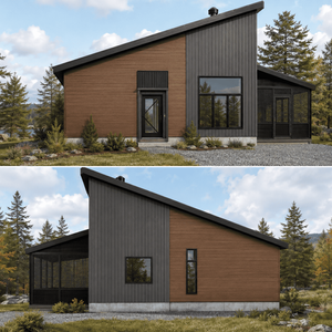 Vue avant droite d'un chalet moderne à toit monopente comprenant trois chambres et une pièce 4 saisons.