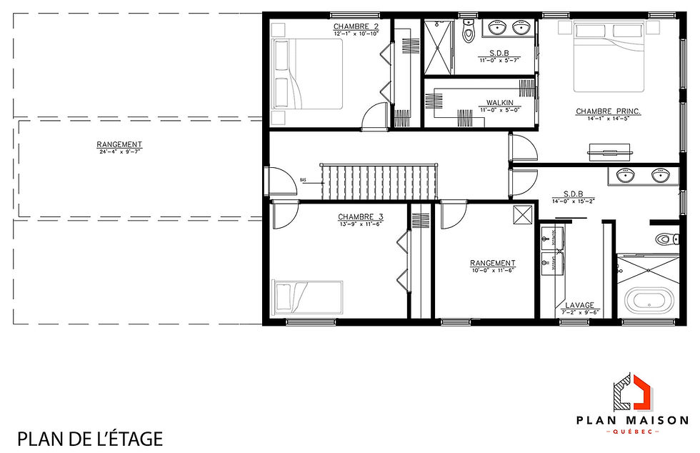 Thumbnail: Plan de maison unifamiliale contemporaine avec garage double - Plan de l'étage