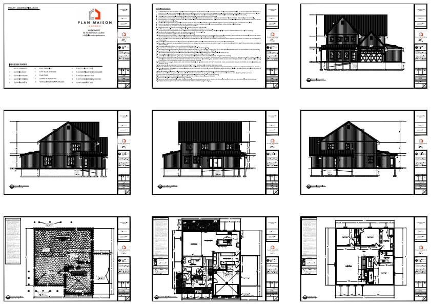 Plans techniques complets d’une maison farmhouse avec garage et carport