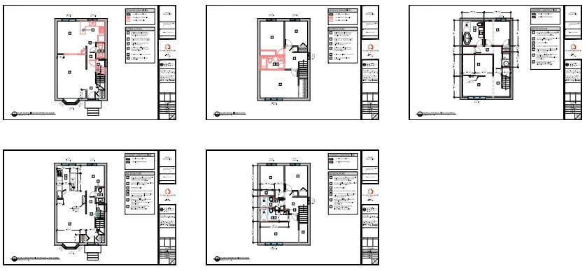 Plans détaillés d'une rénovation intérieure complète de maison avec modifications du sous-sol, du rez-de-chaussée et de l'étage.