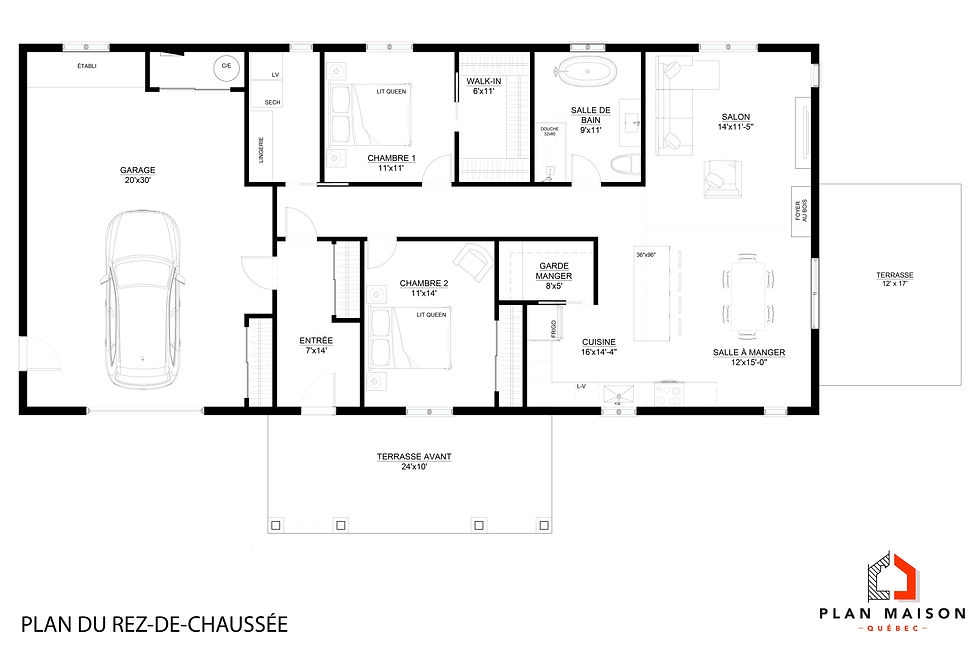 Thumbnail: Plan de maison de plain-pied 2 chambres avec garage et cellier - Plan du rez-de-chaussée