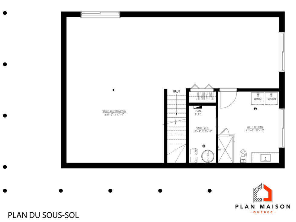 Plan de sous-sol d’un chalet contemporain avec salle multifonction et salle de bain