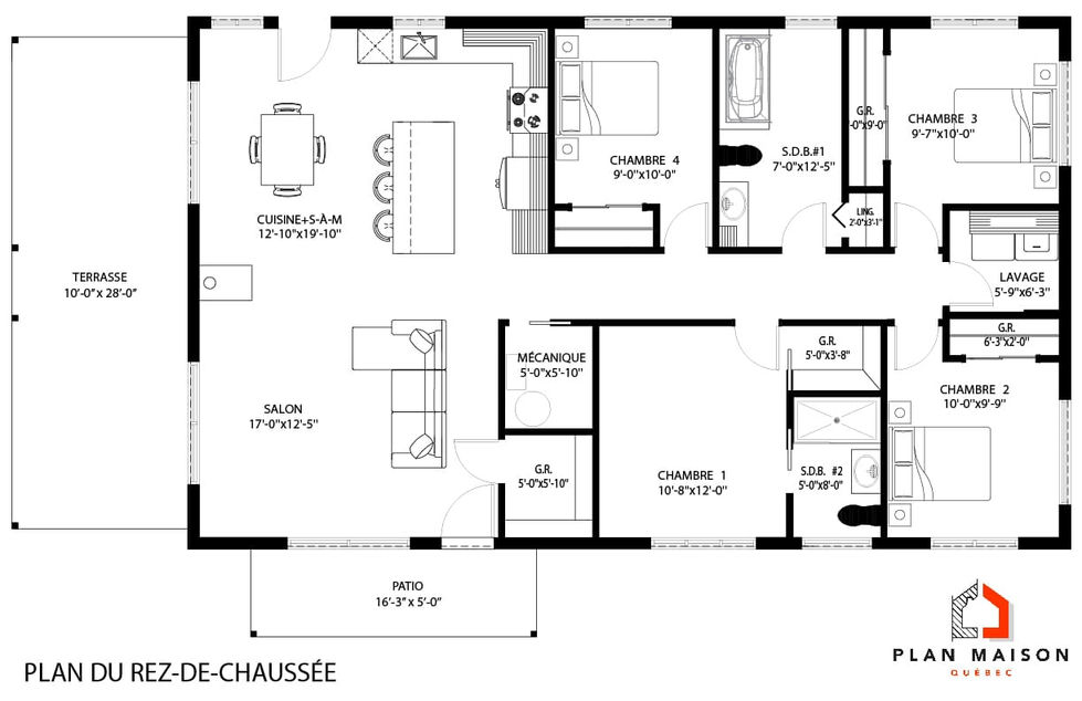 Plan de rez-de-chaussée d’une maison champêtre en bois 4 chambres avec aire ouverte et terrasse extérieure.