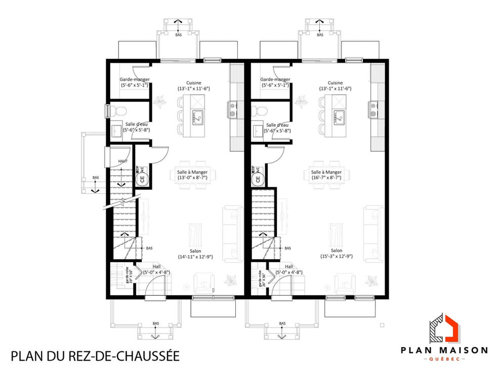 Plan du rez-de-chaussée d'un triplex avec deux logements indépendants.