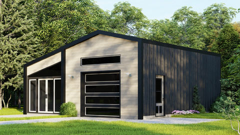 Façade avant d’un garage contemporain avec espace habitable, porte de garage vitrée et revêtement moderne.