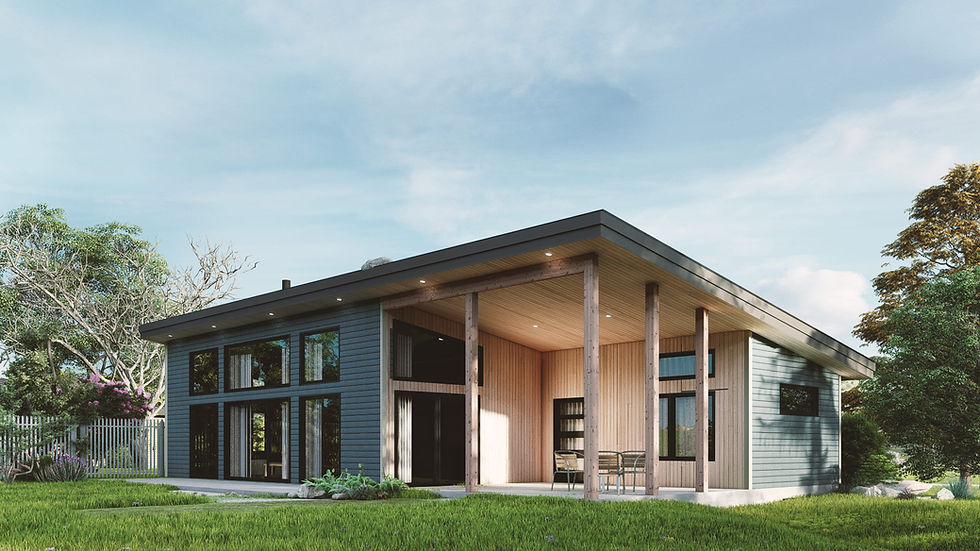 Plan de chalet moderne en L avec sous-sol - Extérieur arrière