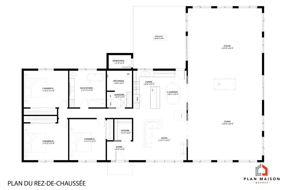 Plan de maison en L avec atelier professionnel intégré comprenant trois chambres et aire ouverte.