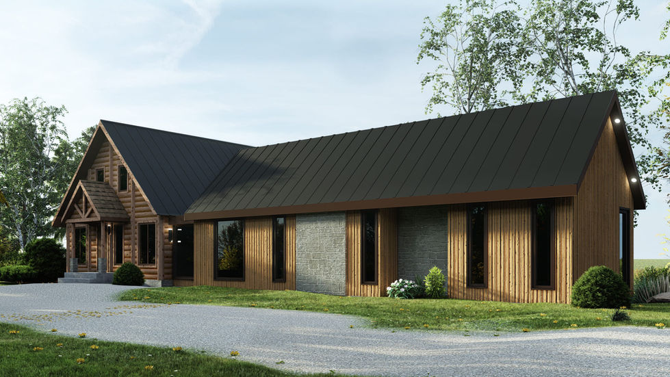 Façade avant d'un chalet en bois agrandi grâce à une extension contemporaine réalisée sur le côté droit.