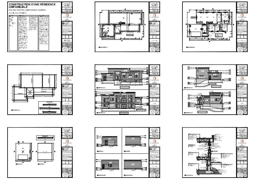 Plans techniques d’un plan de maison moderne de plain-pied avec garage et toiture plate