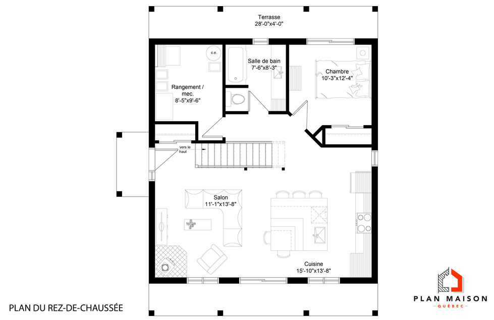 Plan du rez-de-chaussée d’un chalet 2 étages avec cuisine ouverte, salon lumineux et accès terrasse