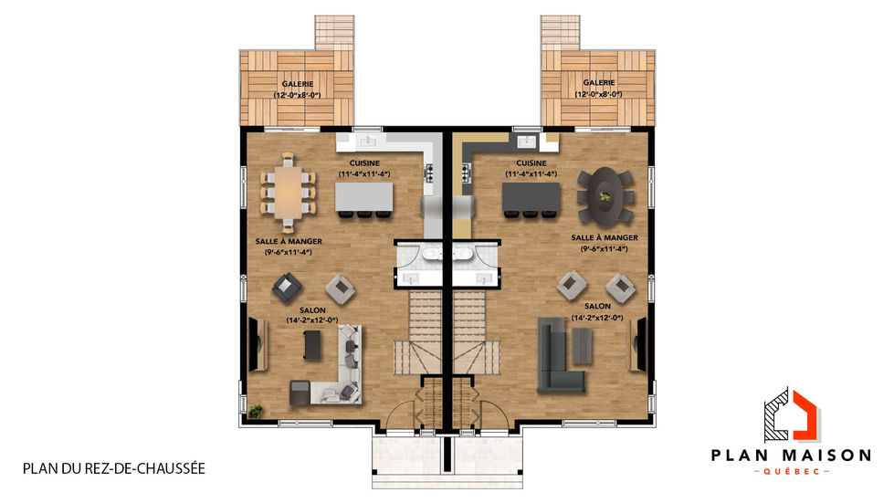 Plan du rez-de-chaussée d’un jumelé contemporain en bois