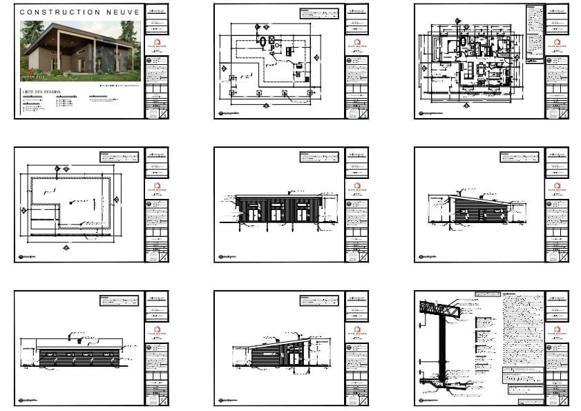 Plans de construction complets d’un chalet en L une chambre avec terrasse couverte