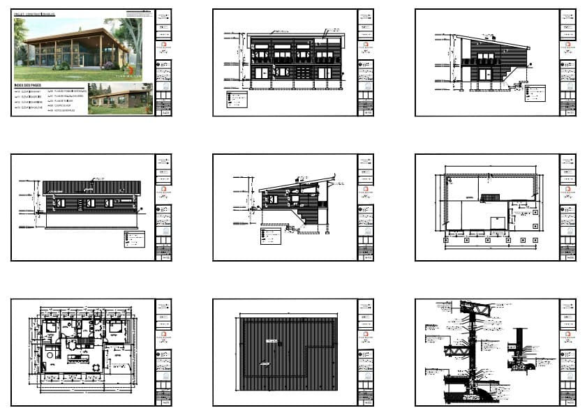 Plan complet de maison contemporaine à toit monopente montrant les élévations, coupes, plans d’étage, toiture et détails de construction.