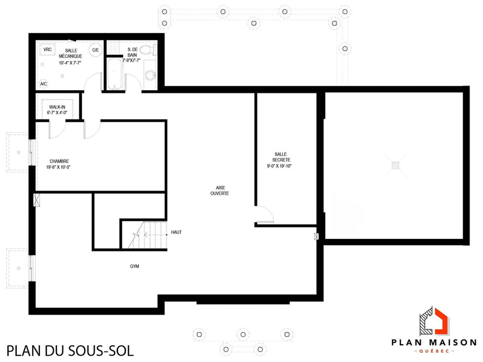 Plan du sous-sol de maison farmhouse avec chambre, gym, salle de bain et salle secrète