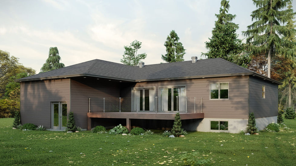 Vue arrière d’un plan de bungalow contemporain avec terrasse moderne