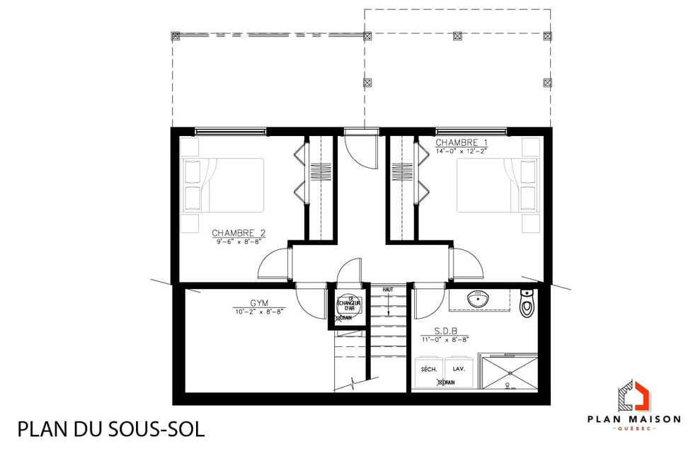 Plan du sous-sol d’une maison scandinave avec mezzanine et plafond cathédrale
