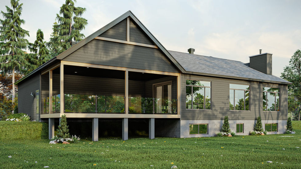 Terrasse couverte à l’arrière d’un bungalow moderne québécois