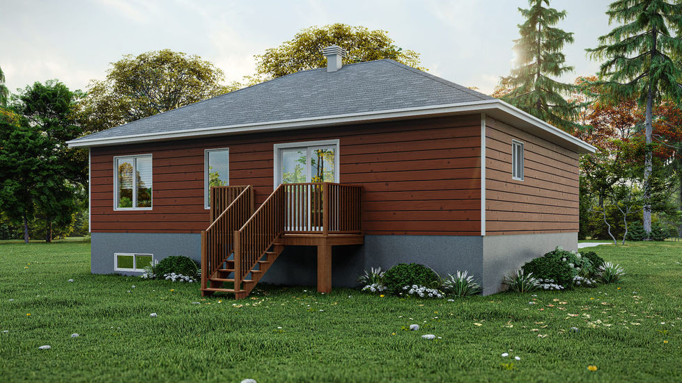 Rendu architectural de la façade arrière d'un bungalow multigénérationnel