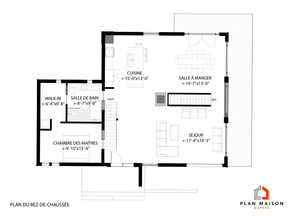 Plan du rez-de-chaussée d'une maison cubique avec aire ouverte et chambre des maîtres