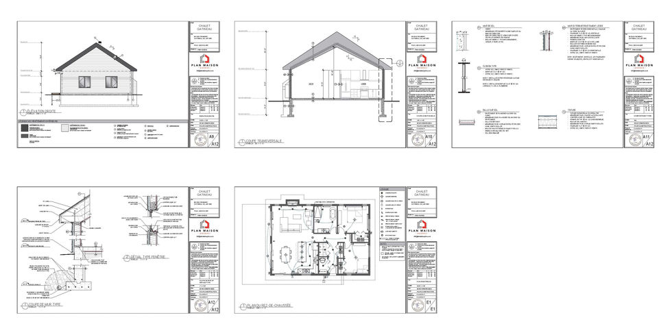 Coupe transversale et détails techniques d’un chalet moderne avec grande fenestration.