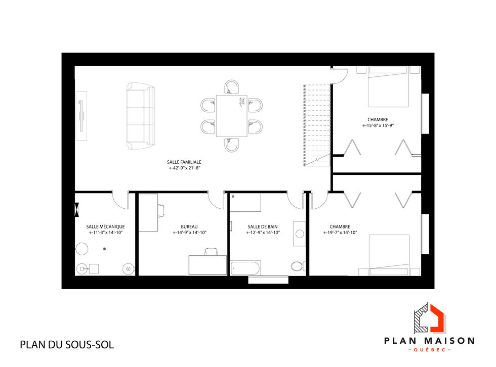 Plan du sous-sol d'une maison scandinave contemporaine avec bureau et chambres supplémentaires.