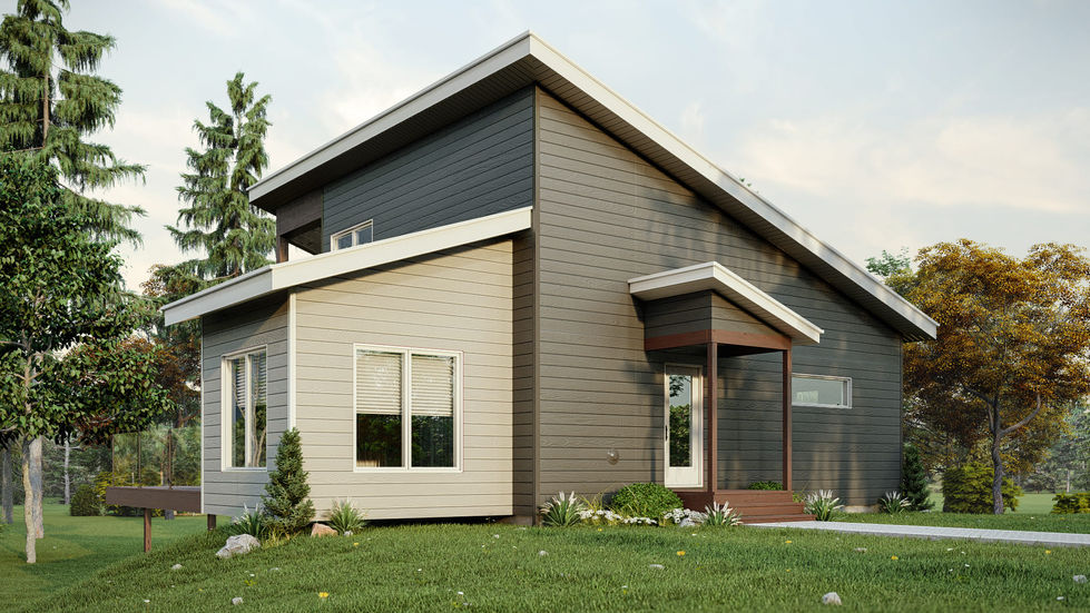 Façade d’un plan de maison moderne avec terrasse sur pilotis et toiture contemporaine.