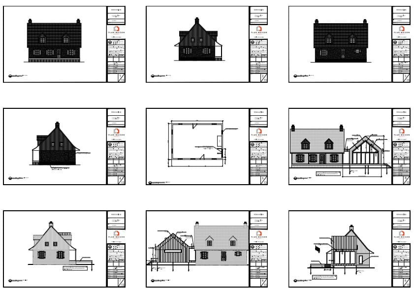 Plans d'élévation d'une extension contemporaine sur une maison traditionnelle.