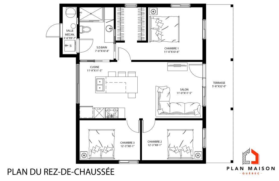 plan de maison contemporaine à toit monopente avec 3 chambres et aire ouverte