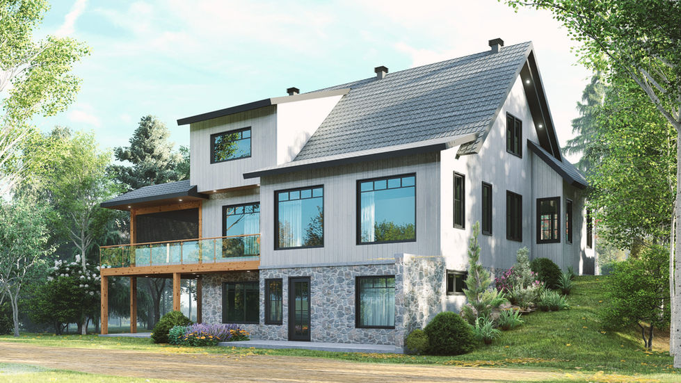 Maison de campagne avec sous-sol rez-de-jardin et terrasse couverte sur terrain en pente.
