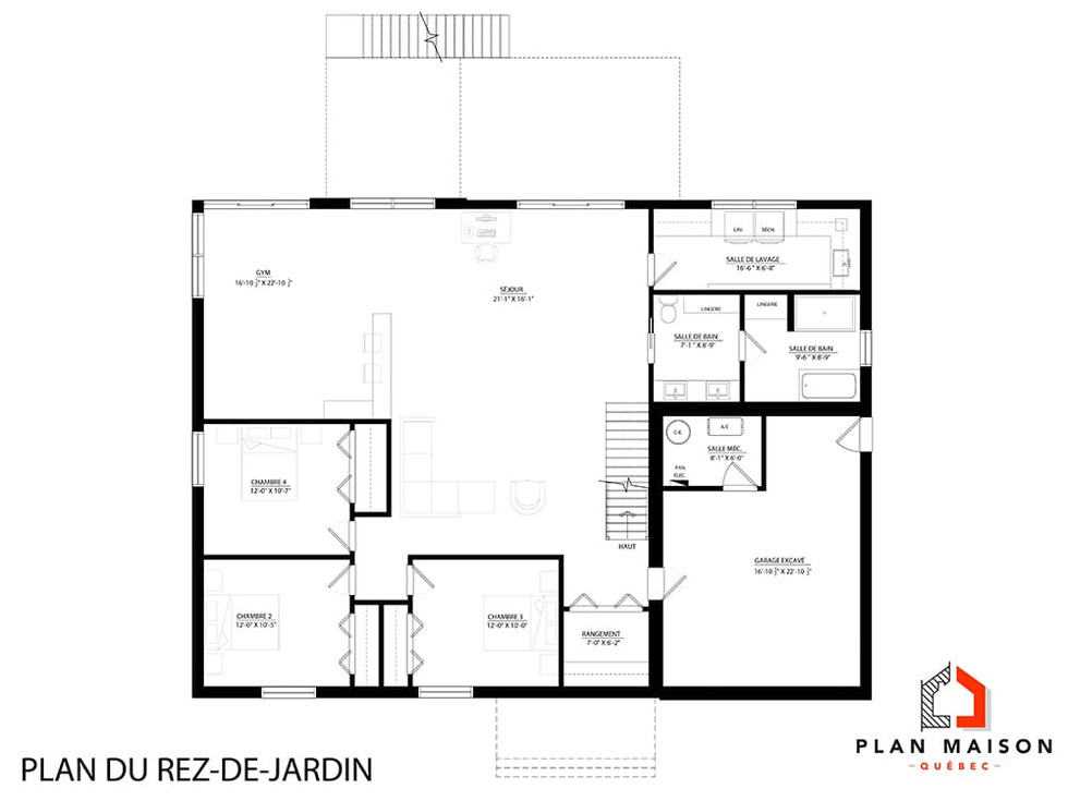 plan rez-de-jardin maison farmhouse moderne avec chambres et salle familiale