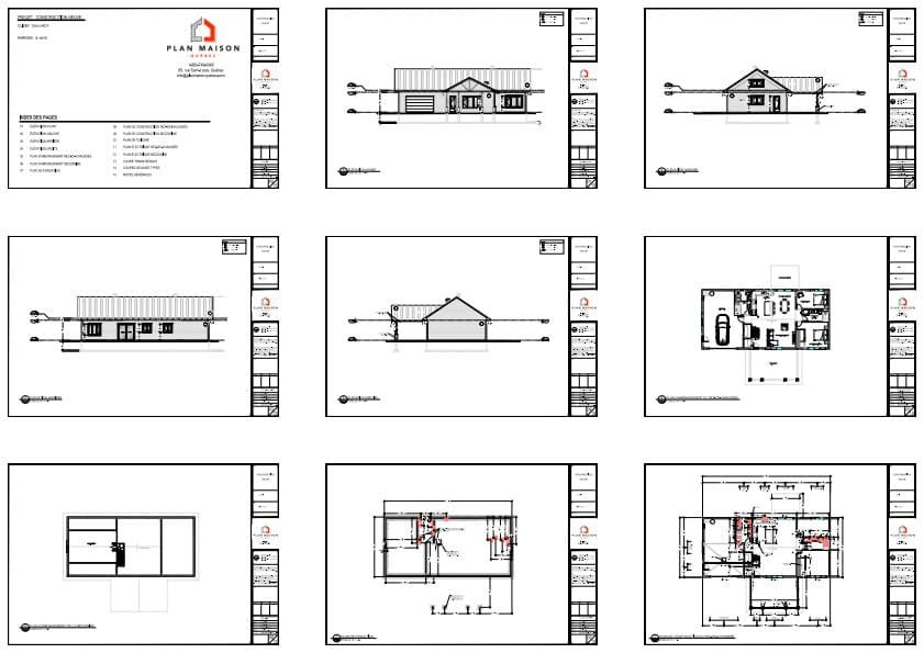 Plans techniques complets d'un bungalow champêtre avec mezzanine et garage intégré.