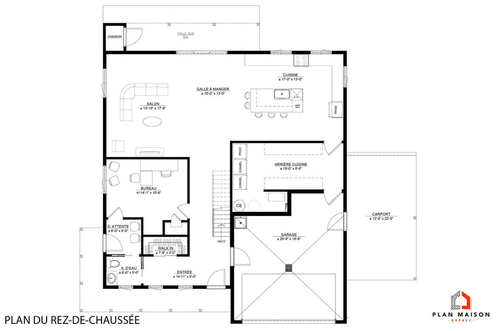Plan du rez-de-chaussée d’une maison farmhouse avec carport et garage intégré
