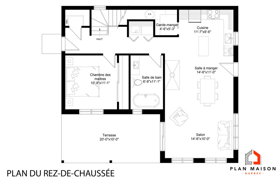 plan rez-de-chaussée maison farmhouse à étage avec terrasse couverte