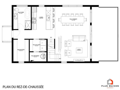 Plan du rez-de-chaussée d’un chalet scandinave barndominium avec cuisine, salle à manger, salon et terrasse.