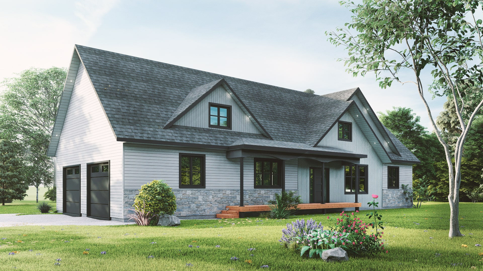 Plan de maison farmhouse de 2 étages avec garage double - Extérieur avant