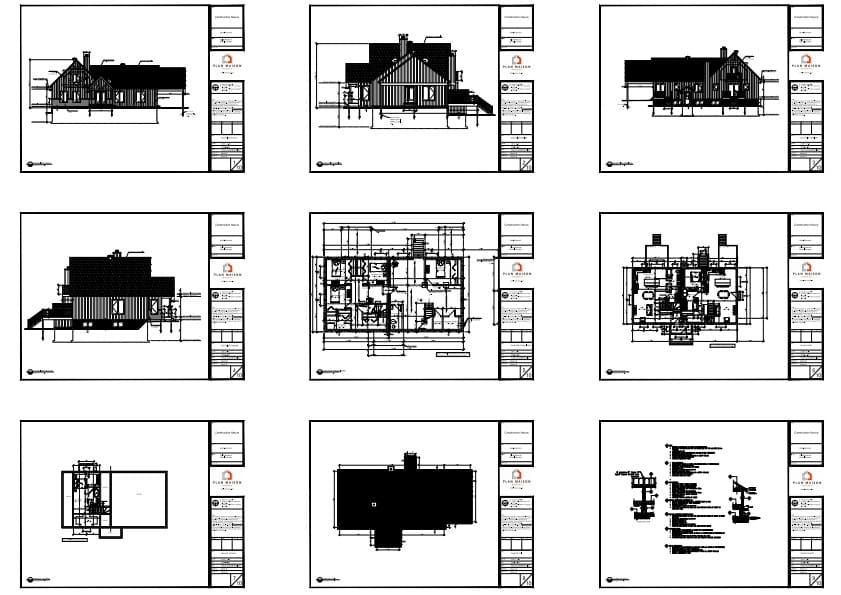 Feuilles de plans techniques d’une maison farmhouse avec logement intergénérationnel