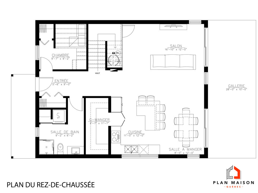 plan de maison moderne à étage avec grande aire ouverte rez-de-chaussée